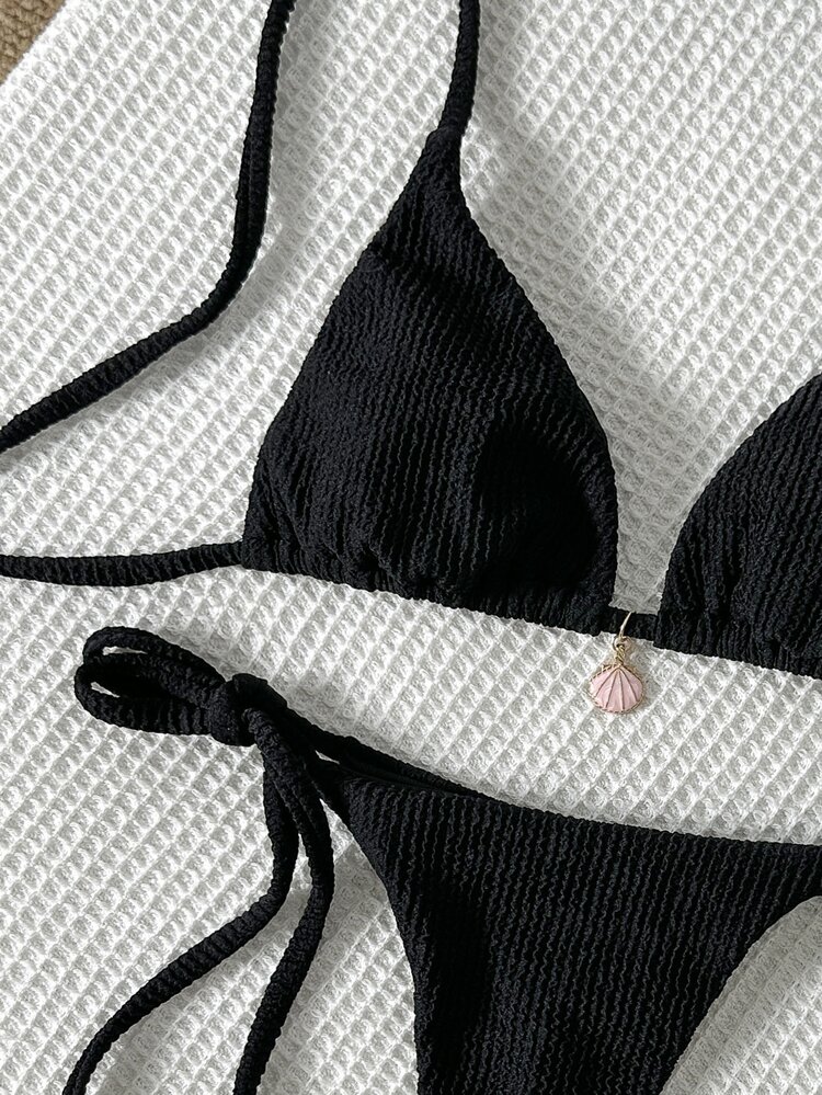 SHEIN Swim Women's Jacquard Fabric Halter Metallic Decor Sexy Bikini Set, Summer - Black - View 6