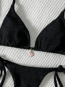 SHEIN Swim Women's Jacquard Fabric Halter Metallic Decor Sexy Bikini Set, Summer - Black - View 5