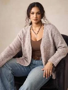Nubod Plus Size Loose Casual Corset V-Neck Minimalist Commuter Autumn/Winter Sweater Cardigan Formal Business Grey - Khaki - View 3