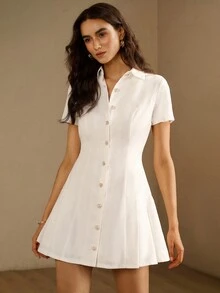 Briarwyn 女款法式時尚仿珍珠鈕扣短袖百褶洋裝 - 白色 - 查看 7