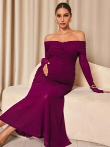 MaterniChic Maternity Solid Color Off-Shoulder Casual Party Dress - Hot Pink - View 6