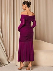 MaterniChic Maternity Solid Color Off-Shoulder Casual Party Dress - Hot Pink - View 3