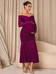 MaterniChic Maternity Solid Color Off-Shoulder Casual Party Dress - Hot Pink - View 5