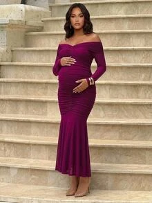 MaterniChic Maternity Solid Color Off-Shoulder Casual Party Dress - Hot Pink - View 2