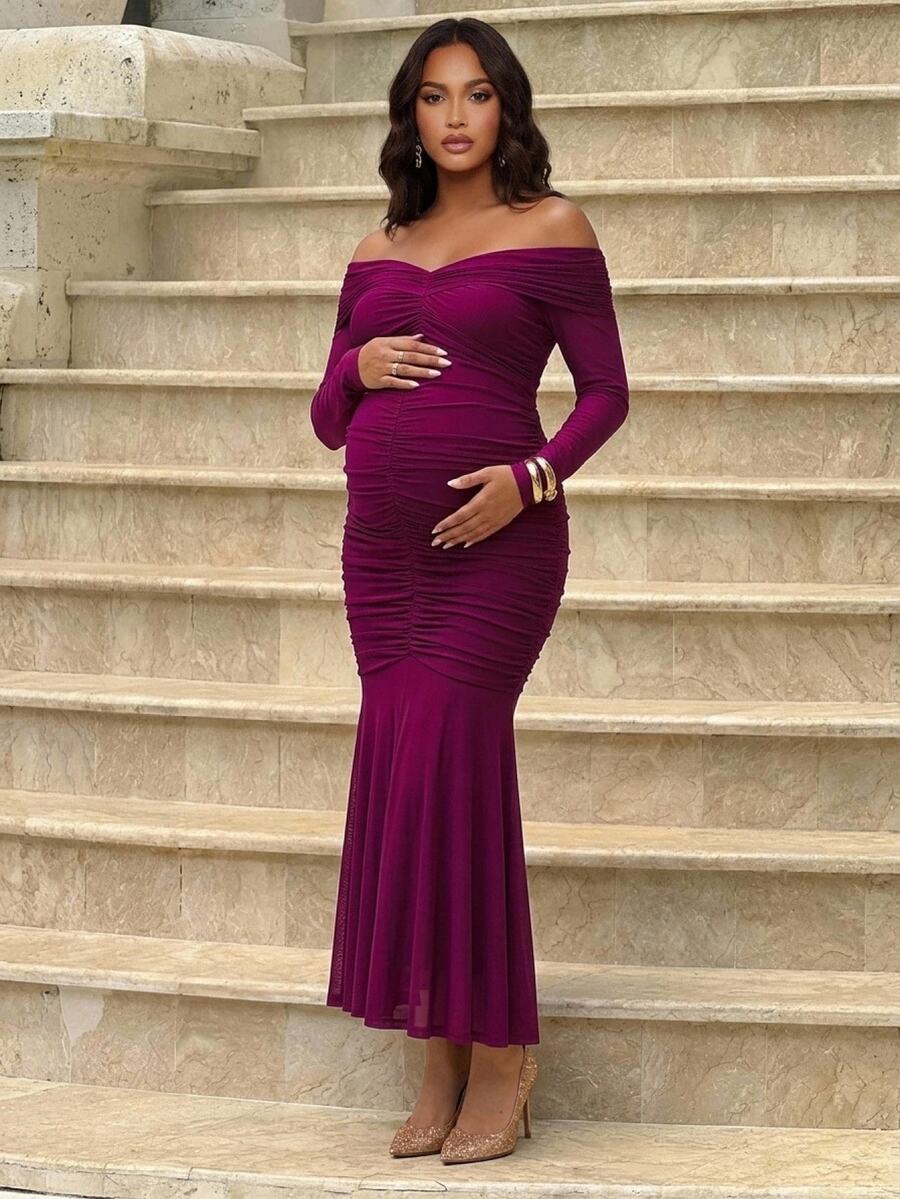 MaterniChic Maternity Solid Color Off-Shoulder Casual Party Dress - Hot Pink - View 1