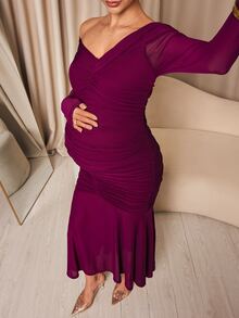 MaterniChic Maternity Solid Color Off-Shoulder Casual Party Dress - Hot Pink - View 9