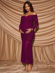 MaterniChic Maternity Solid Color Off-Shoulder Casual Party Dress - Hot Pink - View 8
