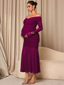 MaterniChic Maternity Solid Color Off-Shoulder Casual Party Dress - Hot Pink - View 4