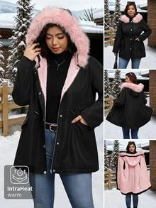 SHEIN Clasi Plus Size Autumn/Winter Thermal Lined Thick Fur Collar Hooded Jacket - Black - View 9
