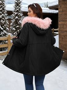 SHEIN Clasi Plus Size Autumn/Winter Thermal Lined Thick Fur Collar Hooded Jacket - Black - View 2