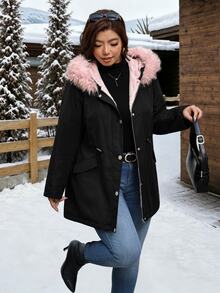 SHEIN Clasi Plus Size Autumn/Winter Thermal Lined Thick Fur Collar Hooded Jacket - Black - View 5