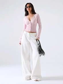 LYSMO Fall Festival French StyleV Neck Eyelash Lace Trim Ribbed Knit Slim Fit Pink Crop Cardigan - Pink - View 3