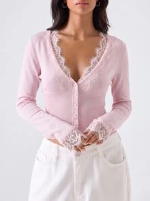 LYSMO Fall Festival French StyleV Neck Eyelash Lace Trim Ribbed Knit Slim Fit Pink Crop Cardigan - Pink - View 4