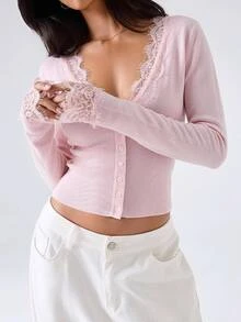 LYSMO Fall Festival French StyleV Neck Eyelash Lace Trim Ribbed Knit Slim Fit Pink Crop Cardigan - Pink - View 5