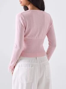 LYSMO Fall Festival French StyleV Neck Eyelash Lace Trim Ribbed Knit Slim Fit Pink Crop Cardigan - Pink - View 2
