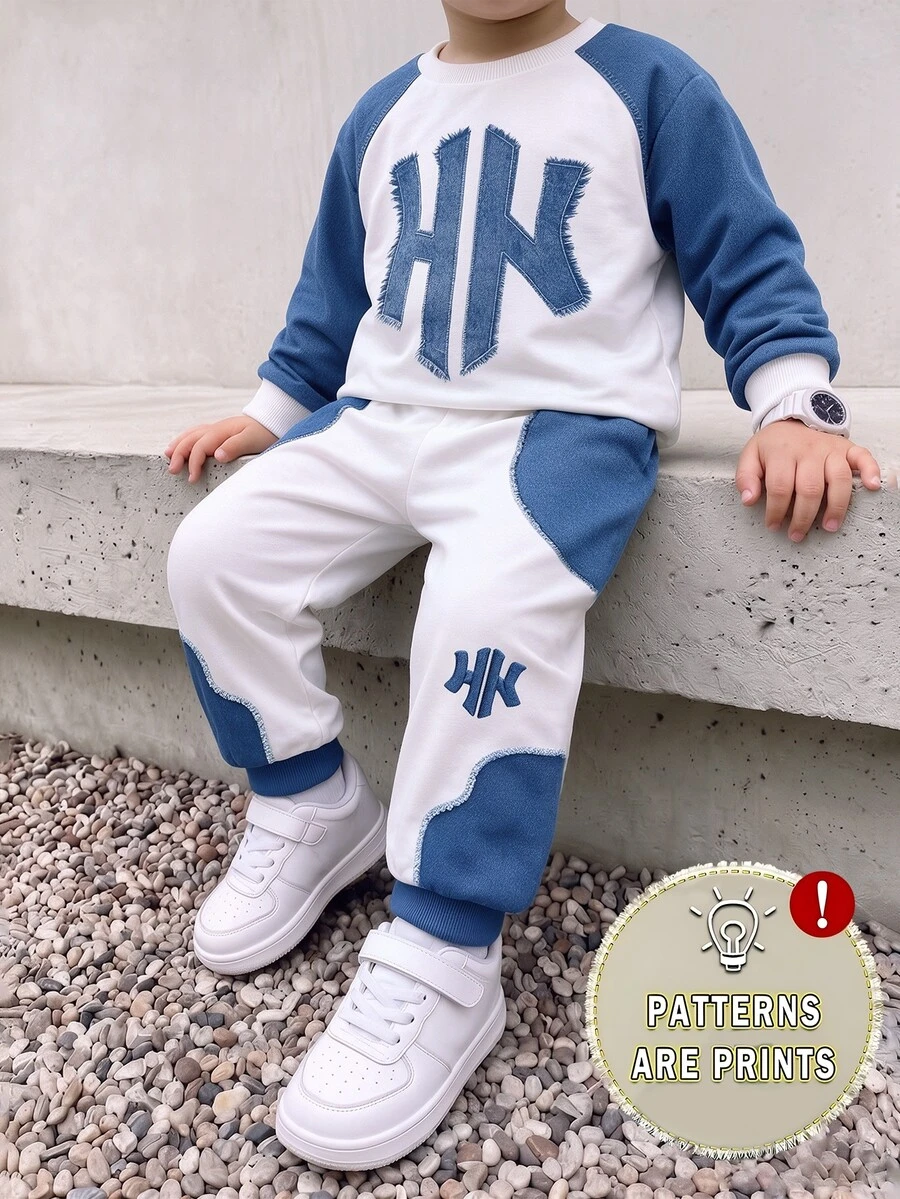 小男孩非牛仔印花插肩袖字母圖案圓領運動衫與長褲套裝 冬季 - 彩色 - 查看 1
