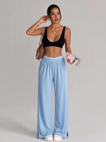 Dewbera Dewbera Casual Versatile Black High Elastic Webbing Side Slit Design Comfortable Slimming Sports Long Pants - Blue - View 4