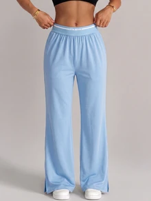Dewbera Dewbera Casual Versatile Black High Elastic Webbing Side Slit Design Comfortable Slimming Sports Long Pants - Blue - View 5
