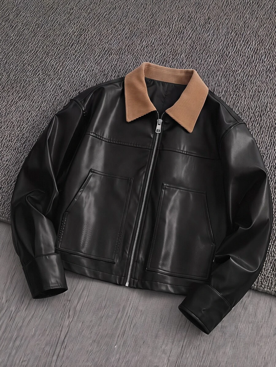 Mainfolk Jaket Pria Kasual Anyaman Kulit PU dengan Kerah Lipat, Cocok untuk Pemakaian Sehari-hari - Hitam - View 1