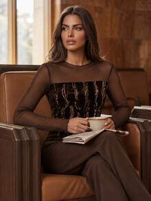 Anewsta Women's Spring/Autumn Coffee Brown Mesh & Sequin Velvet Slim Fit Long Sleeve T-Shirt, Layering Inner Top For Date, Party, Commute - Brown - View 7