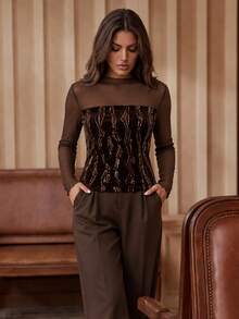 Anewsta Women's Spring/Autumn Coffee Brown Mesh & Sequin Velvet Slim Fit Long Sleeve T-Shirt, Layering Inner Top For Date, Party, Commute - Brown - View 6