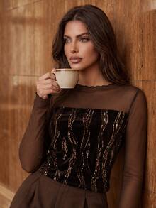 Anewsta Women's Spring/Autumn Coffee Brown Mesh & Sequin Velvet Slim Fit Long Sleeve T-Shirt, Layering Inner Top For Date, Party, Commute - Brown - View 4
