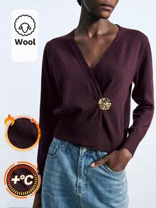 Maija Women's 100Wool Deep V-Neck Knit Cardigan,Elegant Rose Gold Autumn Sweater With Metal Decor Button,Loose Raglan Sleeve Office Casual Top - Coffee Brown - View 2