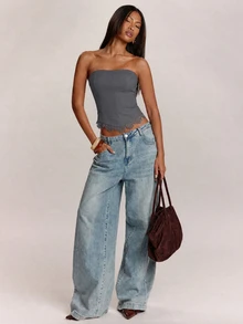 SHEIN BAE 女款性感蕾絲拼接修身抹胸上衣 - 深灰色 - 查看 3