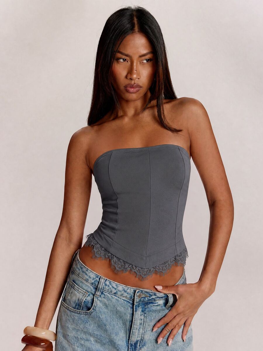 SHEIN BAE 女款性感蕾絲拼接修身抹胸上衣 - 深灰色 - 查看 1