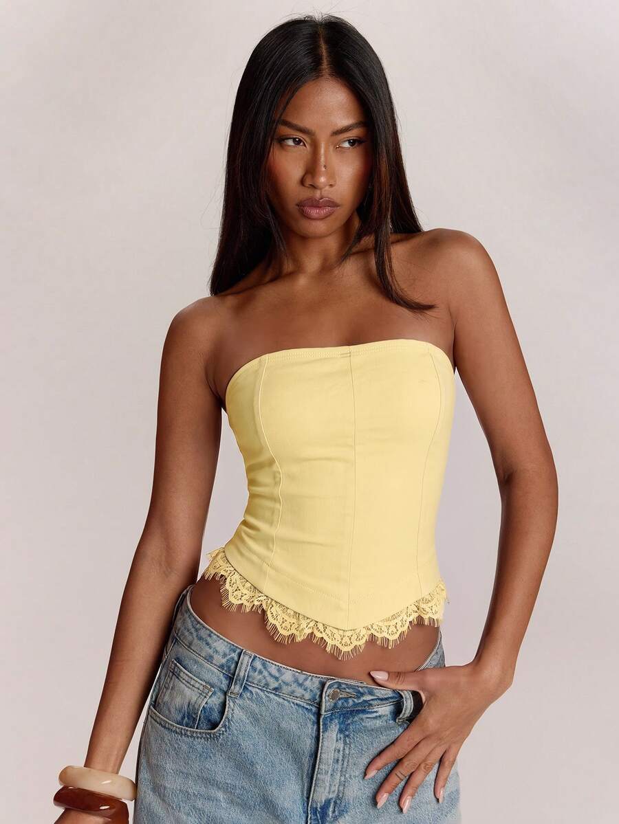 SHEIN BAE 女款蕾絲拼接休閒日常外出抹胸上衣 - 黃色 - 查看 1