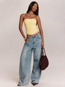 SHEIN BAE 女款蕾絲拼接休閒日常外出抹胸上衣 - 黃色 - 查看 3