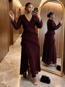 Auveirra 大尺碼女款純色V領百褶休閒優雅派對婚禮正式雞尾酒禮服 秋季酒紅色 - 酒紅色 - 查看 4