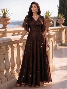 Auveirra Plus Size Elegant Sequin Party Dress - Brown - View 5