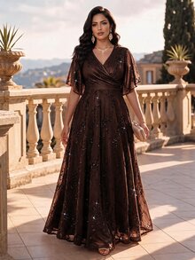 Auveirra Plus Size Elegant Sequin Party Dress - Brown - View 1