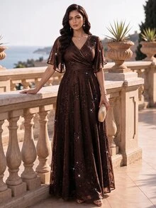 Auveirra Plus Size Elegant Sequin Party Dress - Brown - View 7
