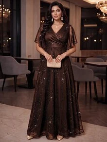 Auveirra Plus Size Elegant Sequin Party Dress - Brown - View 4