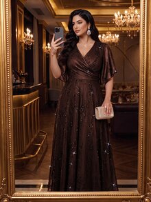 Auveirra Plus Size Elegant Sequin Party Dress - Brown - View 8
