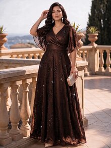 Auveirra Plus Size Elegant Sequin Party Dress - Brown - View 3