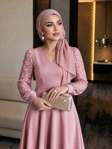 SHEIN Lady Women's Plus Size Lace Patchwork Ruffle Collar Mid-Length Dress Party Cocktail Formal Pink Fall Romantic Elegant - Pink - View 8