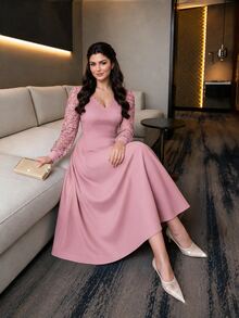 SHEIN Lady Women's Plus Size Lace Patchwork Ruffle Collar Mid-Length Dress Party Cocktail Formal Pink Fall Romantic Elegant - Pink - View 4