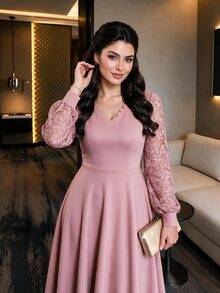 SHEIN Lady Women's Plus Size Lace Patchwork Ruffle Collar Mid-Length Dress Party Cocktail Formal Pink Fall Romantic Elegant - Pink - View 9