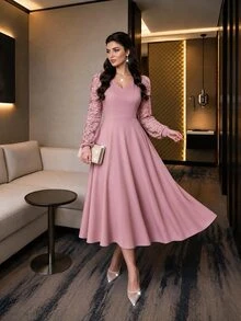 SHEIN Lady Women's Plus Size Lace Patchwork Ruffle Collar Mid-Length Dress Party Cocktail Formal Pink Fall Romantic Elegant - Pink - View 6