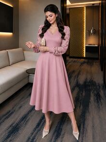 SHEIN Lady Women's Plus Size Lace Patchwork Ruffle Collar Mid-Length Dress Party Cocktail Formal Pink Fall Romantic Elegant - Pink - View 7