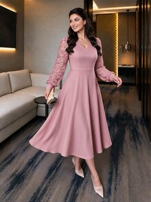 SHEIN Lady Women's Plus Size Lace Patchwork Ruffle Collar Mid-Length Dress Party Cocktail Formal Pink Fall Romantic Elegant - Pink - View 1