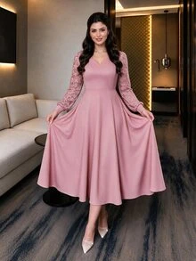 SHEIN Lady Women's Plus Size Lace Patchwork Ruffle Collar Mid-Length Dress Party Cocktail Formal Pink Fall Romantic Elegant - Pink - View 3