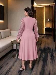 SHEIN Lady Women's Plus Size Lace Patchwork Ruffle Collar Mid-Length Dress Party Cocktail Formal Pink Fall Romantic Elegant - Pink - View 2