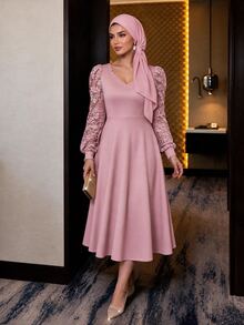 SHEIN Lady Women's Plus Size Lace Patchwork Ruffle Collar Mid-Length Dress Party Cocktail Formal Pink Fall Romantic Elegant - Pink - View 5