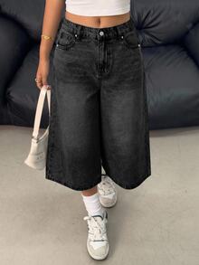 SHEIN Girlism Teen Girl Casual Versatile Daily Wear Denim Jeans With Pockets And Buttons - Black - View 3