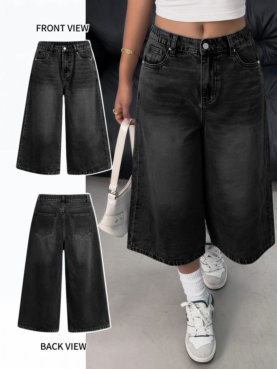 SHEIN Girlism Teen Girl Casual Versatile Daily Wear Denim Jeans With Pockets And Buttons - Black - View 1
