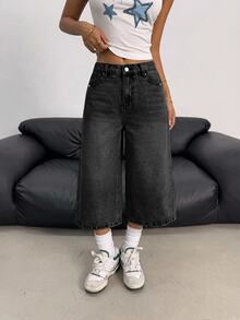 SHEIN Girlism Teen Girl Casual Versatile Daily Wear Denim Jeans With Pockets And Buttons - Black - View 4